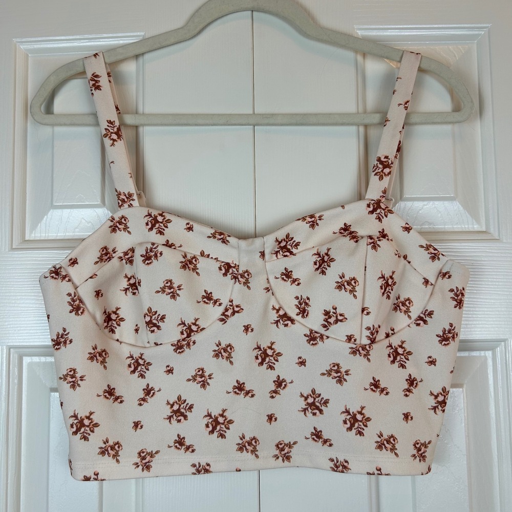 Altar'd State Floral Bustier Crop Top Cream Brown Large